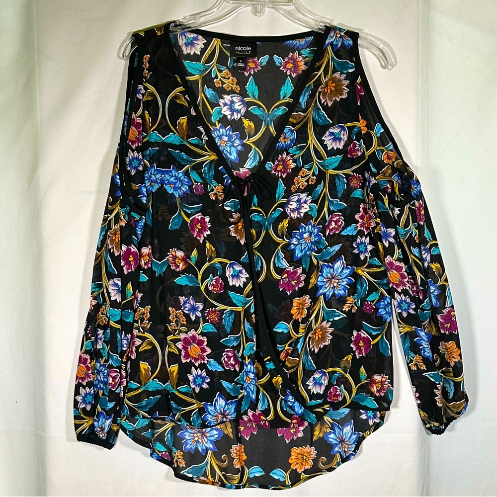 Nicole Miller Black Blue Chintz Cold Shoulder Sheer Blouse Women's‎ Large